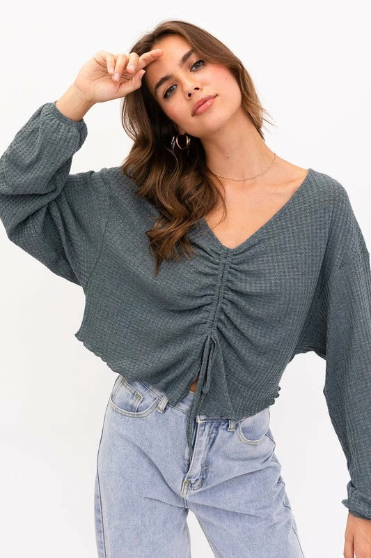 Le Lis The Tiana Teal V-Neck Ruching Detail Knit Top Tops