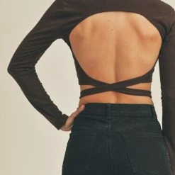 Lush The Britt Brown Wrap Tie Knit Cropped Top Tops