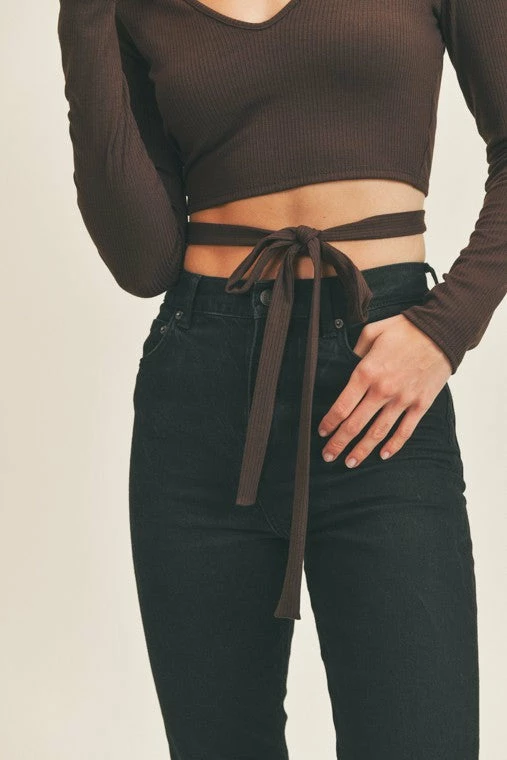 Lush The Britt Brown Wrap Tie Knit Cropped Top Tops
