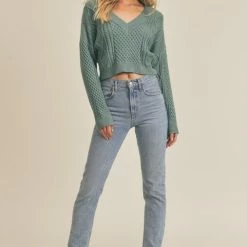 Lush The Tara Teal Green Cable Knit Tie Back Sweater
