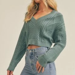 Lush The Tara Teal Green Cable Knit Tie Back Sweater