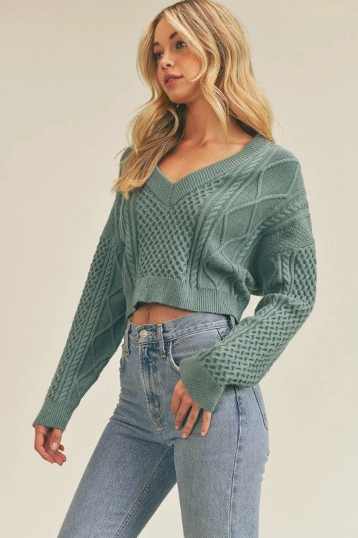 Lush The Tara Teal Green Cable Knit Tie Back Sweater