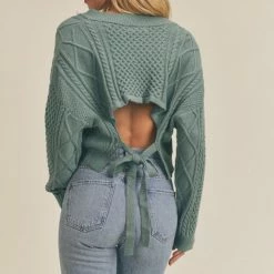 Lush The Tara Teal Green Cable Knit Tie Back Sweater
