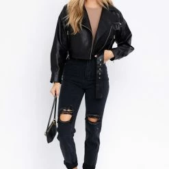 Le Lis The Brinn Black Boxy Vegan Leather Moto Jacket