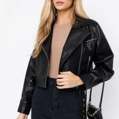 Le Lis The Brinn Black Boxy Vegan Leather Moto Jacket