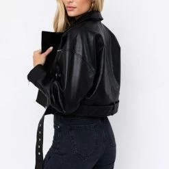 Le Lis The Brinn Black Boxy Vegan Leather Moto Jacket