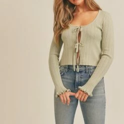 Lush The Diana Sage Doubly Tie Ruffled Cardigan Sweater
