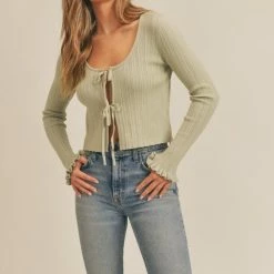 Lush The Diana Sage Doubly Tie Ruffled Cardigan Sweater