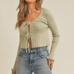Lush The Diana Sage Doubly Tie Ruffled Cardigan Sweater