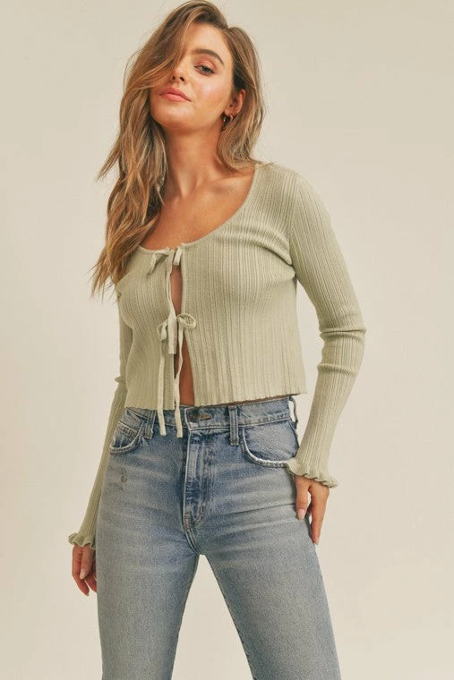 Lush The Diana Sage Doubly Tie Ruffled Cardigan Sweater