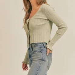 Lush The Diana Sage Doubly Tie Ruffled Cardigan Sweater