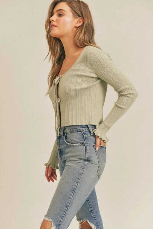 Lush The Diana Sage Doubly Tie Ruffled Cardigan Sweater
