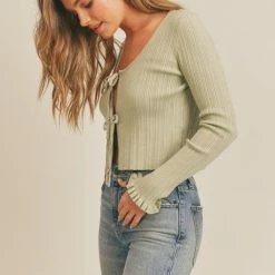 Lush The Diana Sage Doubly Tie Ruffled Cardigan Sweater