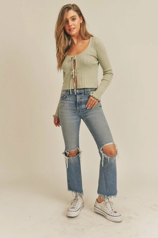 Lush The Diana Sage Doubly Tie Ruffled Cardigan Sweater