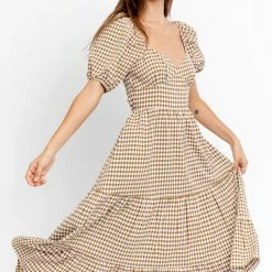 Le Lis The Charlotte Tan Gingham Plaid Tie Back Midi Dress Dresses
