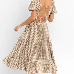 Le Lis The Charlotte Tan Gingham Plaid Tie Back Midi Dress Dresses