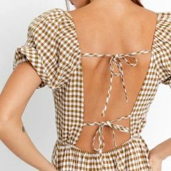 Le Lis The Charlotte Tan Gingham Plaid Tie Back Midi Dress Dresses
