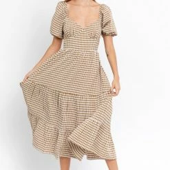 Le Lis The Charlotte Tan Gingham Plaid Tie Back Midi Dress Dresses
