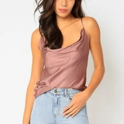 Olivaceous Tops The Serena Satin Cowl Neck Tank Top