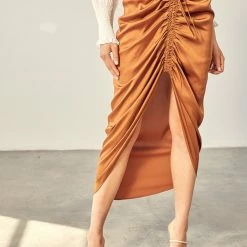 Mustard Seed The Sugar Almond Ruched Satin Midi Skirt Skirts