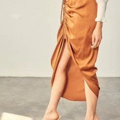 Mustard Seed The Sugar Almond Ruched Satin Midi Skirt Skirts