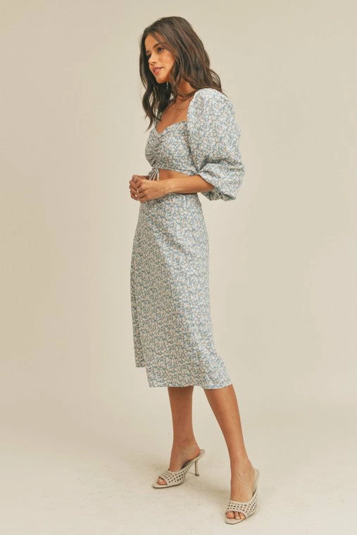 Lush Skirts The Dede Blue Floral Midi Skirt