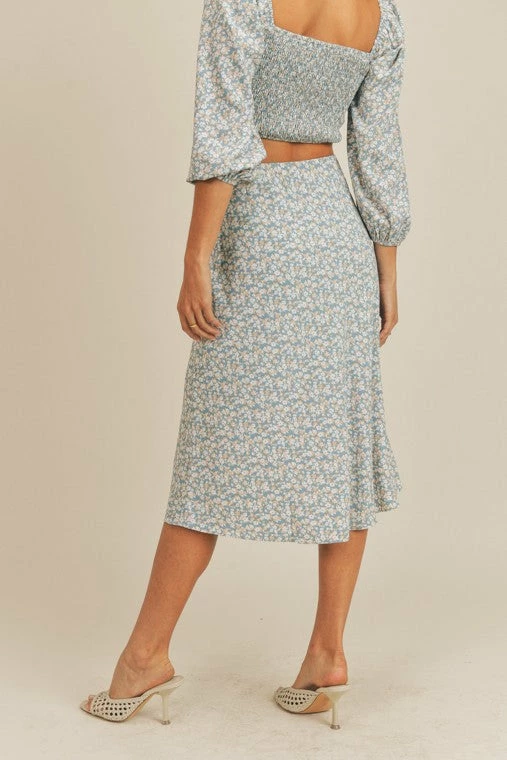 Lush Skirts The Dede Blue Floral Midi Skirt