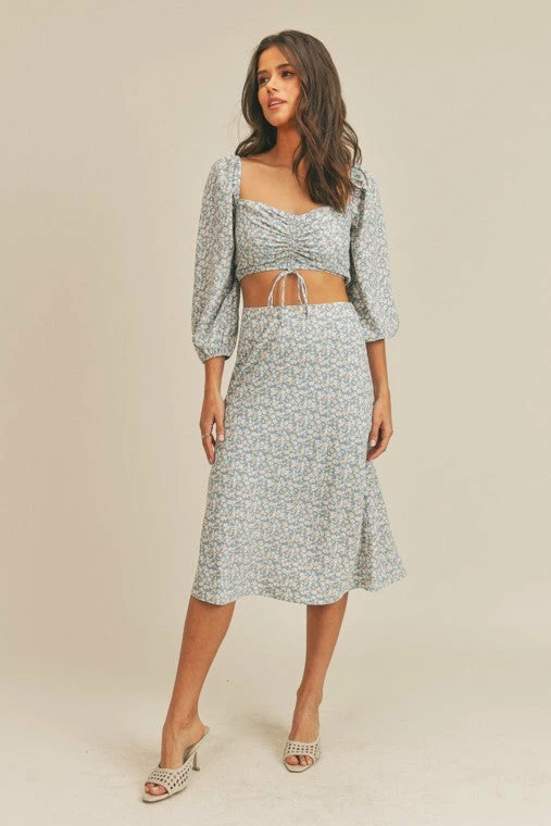 Lush Skirts The Dede Blue Floral Midi Skirt