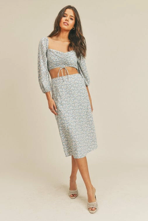 Lush Skirts The Dede Blue Floral Midi Skirt