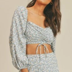Lush Tops The Dede Blue Floral Tie Front Top