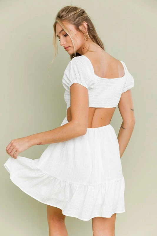 Olivaceous Dresses The Wren White Off Shoulder Open Back Mini Dress