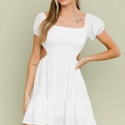 Olivaceous Dresses The Wren White Off Shoulder Open Back Mini Dress