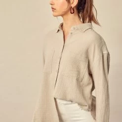MIOU MUSE The Arizona Gauze Button Down Long Sleeve Shirt Tops