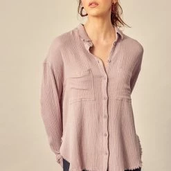 MIOU MUSE The Arizona Gauze Button Down Long Sleeve Shirt Tops