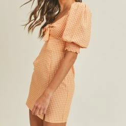 Lush Clothing Dresses The Ginnie Apricot Gingham Tie Front Mini Dress