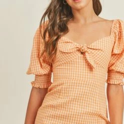 Lush Clothing Dresses The Ginnie Apricot Gingham Tie Front Mini Dress