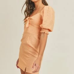 Lush Clothing Dresses The Ginnie Apricot Gingham Tie Front Mini Dress