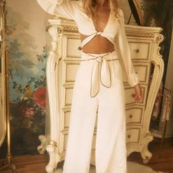 Endless Blu The Marley Cream Satin Wide Leg Pants With Belt