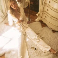 Endless Blu The Marley Cream Satin Wide Leg Pants With Belt