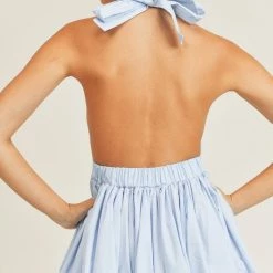 Mable Dresses The Priscilla Poplin Blue Open Back Flared Mini Dress