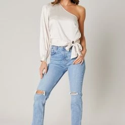 SugarLips Tops The Avalon Champagne One Shoulder Waist Tie Satin Top