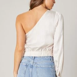 SugarLips Tops The Avalon Champagne One Shoulder Waist Tie Satin Top