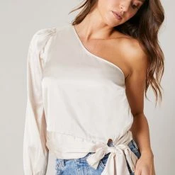 SugarLips Tops The Avalon Champagne One Shoulder Waist Tie Satin Top