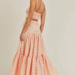 Mable Tops The Olivia Orange Gingham Cut Out Top & Tiered Maxi Skirt Set