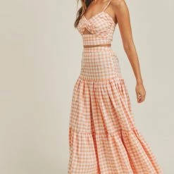 Mable Tops The Olivia Orange Gingham Cut Out Top & Tiered Maxi Skirt Set