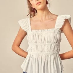 MIOU MUSE The Cindy Gathered Sleeveless Ruffle Top Tops