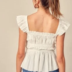 MIOU MUSE The Cindy Gathered Sleeveless Ruffle Top Tops