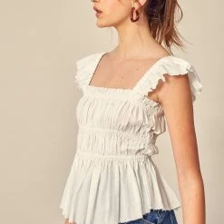 MIOU MUSE The Cindy Gathered Sleeveless Ruffle Top Tops