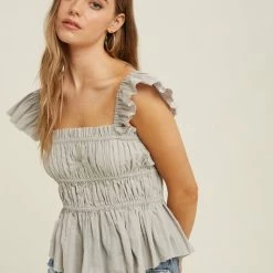 MIOU MUSE The Cindy Gathered Sleeveless Ruffle Top Tops