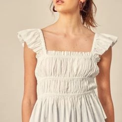 MIOU MUSE The Cindy Gathered Sleeveless Ruffle Top Tops